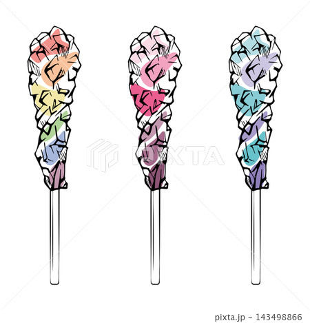 Vintage style lollipop, crystal boiled multicolor candy on stick, traditional confectionery sweet playful sugar treat. Isolated hand drawn vector ink illustration. Product catalogs, seasonal retail 143498866