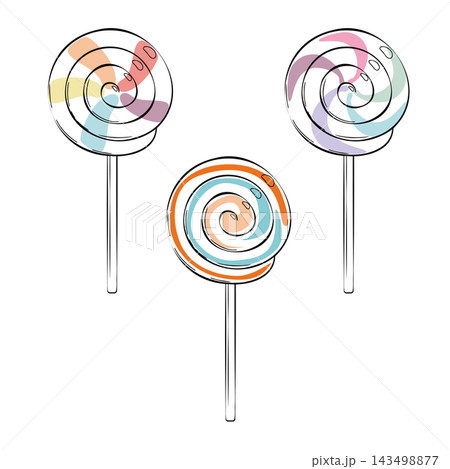 Swirled lollipop, round spiral candy on wooden stick, multicolored hard sugar sweet, playful confectionery pop with decorative pattern. Isolated hand drawn vector ink illustration. Party invitations Swirled lollipop, round spiral candy on wooden stick, multicolored hard sugar sweet, playful confectionery pop with decorative pattern. Isolated hand drawn vector ink illustration. Party invitations 143498877