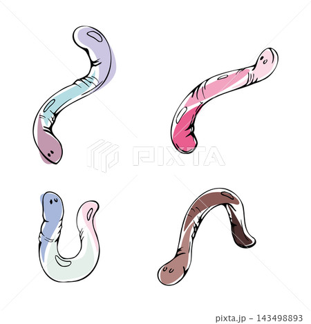 Colorful gummy worms, soft jelly sweets in elongated wiggly shapes, assorted chewy fruit-flavored candies with translucent texture, pastel palette. Isolated hand drawn vector ink illustration. 143498893