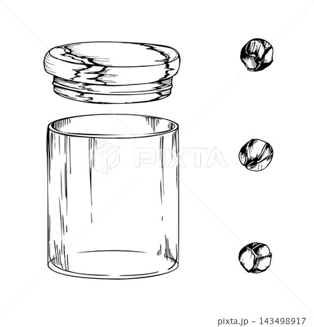 Glass storage jar with wooden lid and scattered peppercorns, transparent pantry vessel, wrinkled spice berries, rustic food storage elements. Hand drawn vector ink illustration. Honey jars, jam labels Glass storage jar with wooden lid and scattered peppercorns, transparent pantry vessel, wrinkled spice berries, rustic food storage elements. Hand drawn vector ink illustration. Honey jars, jam labels 143498917