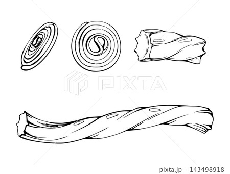 Black licorice twists, wheels, coiled chewy candy ropes with ridged texture, classic anise-flavored confectionery sweets and dark sugar treats. Isolated hand drawn vector and ink illustration. Black licorice twists, wheels, coiled chewy candy ropes with ridged texture, classic anise-flavored confectionery sweets and dark sugar treats. Isolated hand drawn vector and ink illustration. 143498918