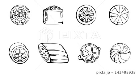 Assorted fruit-shaped hard candies, boiled sweets. Citrus and berry wheels, glossy sugar drops, confectionery treats. Isolated hand drawn vector ink illustration. Recipe development, pastry education 143498938