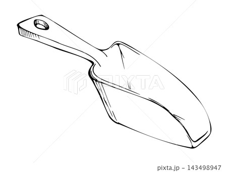 Scoop with broad shovel-shaped bowl, food, candy and confectionery serving scoop, hand tool for bulk sweets, portioning utensil. Isolated hand drawn vector ink illustration. Herbs or grains measuring Scoop with broad shovel-shaped bowl, food, candy and confectionery serving scoop, hand tool for bulk sweets, portioning utensil. Isolated hand drawn vector ink illustration. Herbs or grains measuring 143498947
