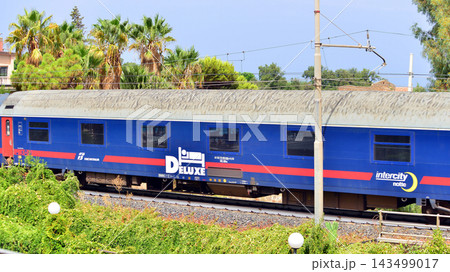 Cefal, Italy. August 24, 2026. The Intercity Notte long-distance train, connecting cities such as Milan and Rome with Sicily or Puglia. A carriage featuring top-standard private Deluxe sleeping compar Cefal, Italy. August 24, 2026. The Intercity Notte long-distance train, connecting cities such as Milan and Rome with Sicily or Puglia. A carriage featuring top-standard private Deluxe sleeping compar 143499017