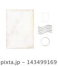 Vintage postcard elements with textured cream paper, postage stamp, circular postmark and wavy cancellation lines. Watercolor illustration for stationery, invitations, scrapbooking and postal designs 143499169