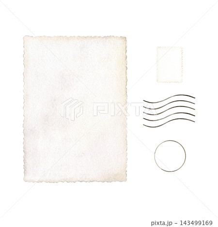 Vintage postcard elements with textured cream paper, postage stamp, circular postmark and wavy cancellation lines. Watercolor illustration for stationery, invitations, scrapbooking and postal designs Vintage postcard elements with textured cream paper, postage stamp, circular postmark and wavy cancellation lines. Watercolor illustration for stationery, invitations, scrapbooking and postal designs 143499169