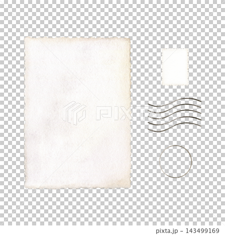Vintage postcard elements with textured cream paper, postage stamp, circular postmark and wavy cancellation lines. Watercolor illustration for stationery, invitations, scrapbooking and postal designs Vintage postcard elements with textured cream paper, postage stamp, circular postmark and wavy cancellation lines. Watercolor illustration for stationery, invitations, scrapbooking and postal designs 143499169