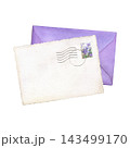 Lavender envelope and vintage postcard with a floral postage stamp and postmarks. Hand-painted watercolor illustration for wedding stationery, greeting cards, romantic correspondence and scrapbooking 143499170