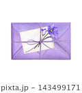 Lavender envelope with a twine bow, cream note and purple flowers. Hand-painted watercolor illustration for wedding invitations, greeting cards, stationery and spring designs 143499171