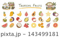 南国フルーツの手描き風イラストセット、果物の断面とジュース屋台 143499181