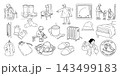 寒い朝の冬支度ペン画イラストセット、防寒小物と家族の身支度 143499183