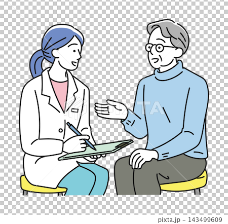 A woman in a white coat takes notes while listening to an elderly man speak. A woman in a white coat takes notes while listening to an elderly man speak. 143499609