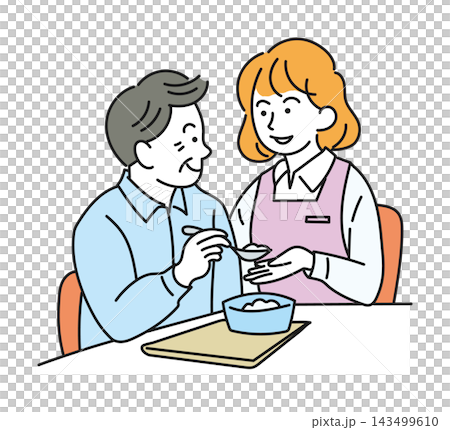 スプーンで食事をする高齢男性を支える介助者 143499610