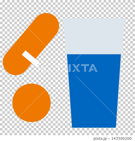 A tablet and a glass of water; an orange capsule and a glass of blue water. A tablet and a glass of water; an orange capsule and a glass of blue water. 143500200