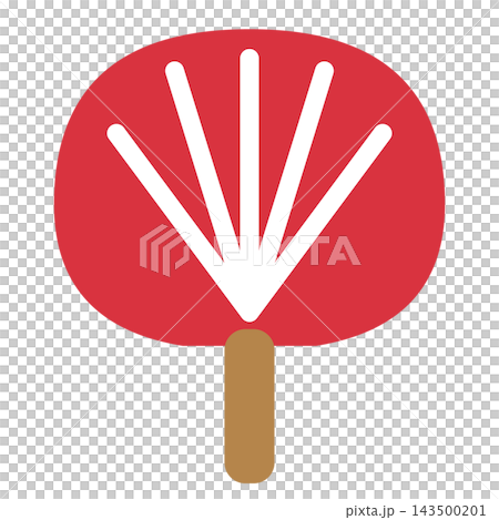 A fan with a red, round surface, white frame, and wooden handle. A fan with a red, round surface, white frame, and wooden handle. 143500201