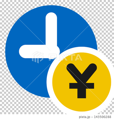 Clock and money: A blue clock and a coin with a yen symbol. Clock and money: A blue clock and a coin with a yen symbol. 143500288