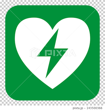 The symbol for an AED is a green square with a white heart and a lightning bolt. The symbol for an AED is a green square with a white heart and a lightning bolt. 143500366