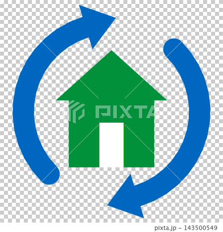 Circular arrow and house: The blue arrow goes around the green house. Circular arrow and house: The blue arrow goes around the green house. 143500549