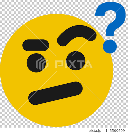 A thoughtful face, a yellow face with one eyebrow raised, and a blue question mark. A thoughtful face, a yellow face with one eyebrow raised, and a blue question mark. 143500609