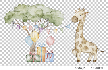 Watercolor illustration with cute African baby animal on birthday. Safari giraffe with flags garland, balloon and gifts. Hand drawn big print for party invitations, wallpaper stickers and nursery Watercolor illustration with cute African baby animal on birthday. Safari giraffe with flags garland, balloon and gifts. Hand drawn big print for party invitations, wallpaper stickers and nursery 143500918