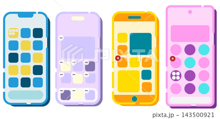 カラフルなスマートフォンとポップなアプリ画面のセット カラフルなスマートフォンとポップなアプリ画面のセット 143500921