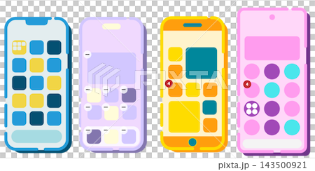 カラフルなスマートフォンとポップなアプリ画面のセット カラフルなスマートフォンとポップなアプリ画面のセット 143500921