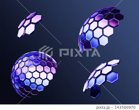 Abstract 3D neon glass hexagon shield domes and sphere segments on dark blue background. Futuristic cyber security protective barrier, force field with glowing purple hologram effect. 3D illustration 143500970