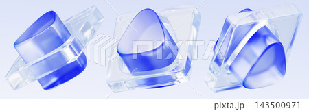 Set of 3D glassmorphism abstract shapes with blue glossy triangles inside square clear glass frames from different angles render. Modern tech icon elements for UI design and branding. 3D illustration 143500971