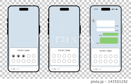 Three smartphone layouts with variations of digital stamp cards Three smartphone layouts with variations of digital stamp cards 143501292