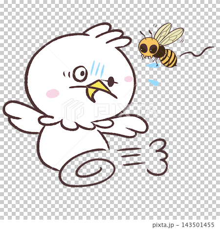 An illustration of a white bird being chased by a bee. 143501455