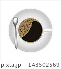3D coffee cup with coffee, saucer and coffee spoon are separated on white background. Realistic design elements. Vector illustration EPS 10. 143502569