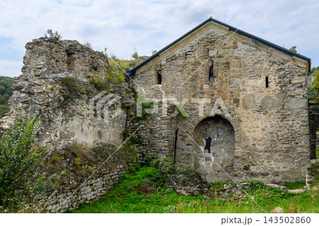 Ujarma Fortress, ancient medieval fortress city in eastern Georgia, dramatically perched on a rocky hill overlooking the Iori River Ujarma Fortress, ancient medieval fortress city in eastern Georgia, dramatically perched on a rocky hill overlooking the Iori River 143502860