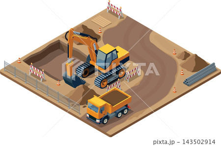 Excavator and dump truck in construction site 143502914