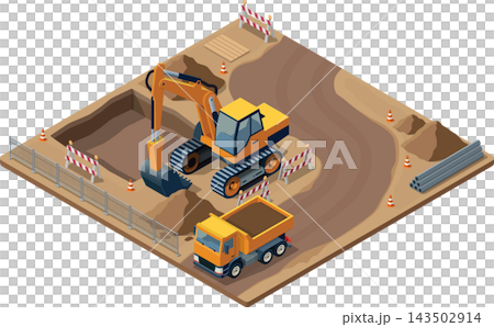 Excavator and dump truck in construction site 143502914