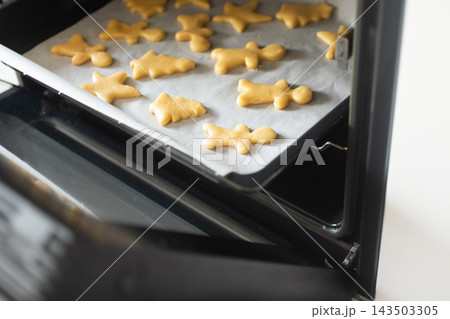 Raw Christmas cookies arranged on baking tray Raw Christmas cookies arranged on baking tray 143503305