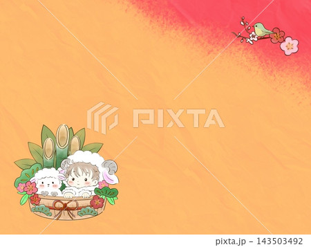 門松と梅の正月飾りに並ぶ子羊と羊の着ぐるみを着た幼児の手描き背景素材 門松と梅の正月飾りに並ぶ子羊と羊の着ぐるみを着た幼児の手描き背景素材 143503492