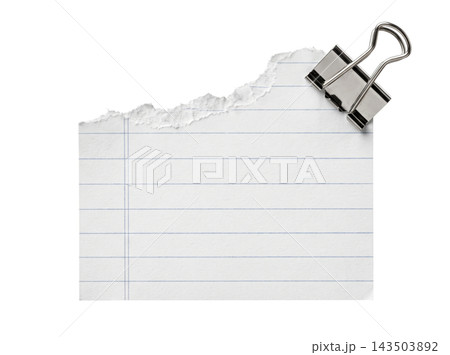 Ripped white note paper sheet with silver binder clip Ripped white note paper sheet with silver binder clip 143503892