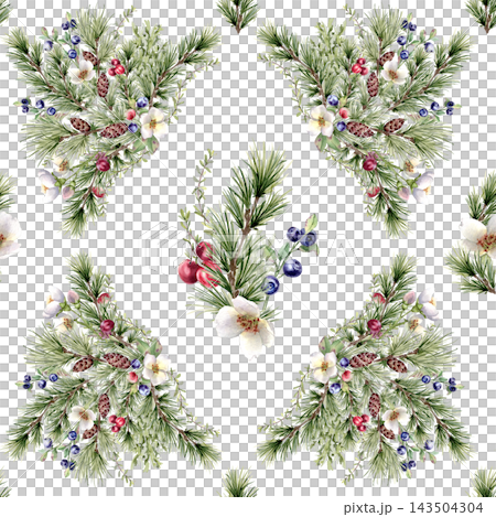 Watercolor evergreen twigs, berries and white flowers repeating geometric lattice pattern isolated. Pine branches in rhombus repeat. Christmas seamless background hand drawn for holiday packaging. Watercolor evergreen twigs, berries and white flowers repeating geometric lattice pattern isolated. Pine branches in rhombus repeat. Christmas seamless background hand drawn for holiday packaging. 143504304