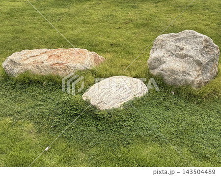 Three Decorative Natural Rocks on Green Garden Lawn Three Decorative Natural Rocks on Green Garden Lawn 143504489