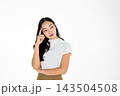 Thoughtful Young Asian Woman Touching Temple with Finger on White Background, Thinking Pose Thoughtful Young Asian Woman Touching Temple with Finger on White Background, Thinking Pose 143504508