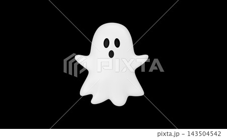Cute 3D Halloween Ghost Character Floating on Black Background 143504542