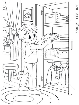 Boy putting folded clothes away in an open wardrobe coloring page 143504693