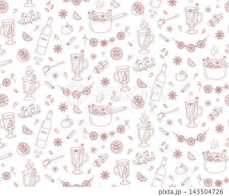 Mulled wine winter drink seamless pattern outline doodle background Mulled wine winter drink seamless pattern outline doodle background 143504726