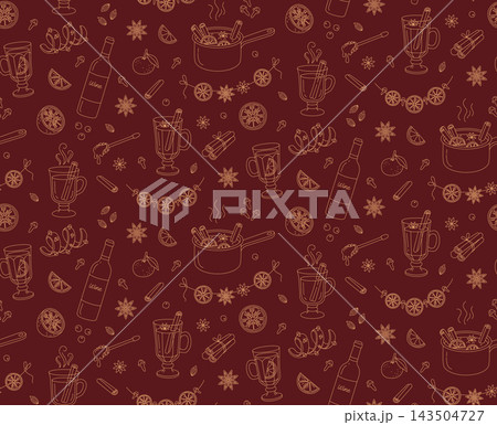 Mulled wine winter drink seamless pattern outline doodle background Mulled wine winter drink seamless pattern outline doodle background 143504727