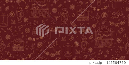 Mulled wine christmas market horizontal seamless pattern panoramic banner line art Mulled wine christmas market horizontal seamless pattern panoramic banner line art 143504730