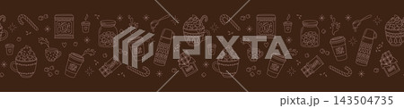 Hot cocoa and marshmallow horizontal seamless pattern panoramic banner line art 143504735