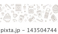 Hot cocoa and marshmallow horizontal seamless pattern panoramic banner line art 143504744