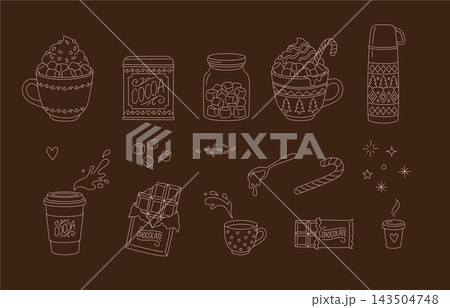 Hot cocoa and marshmallow winter drink icons set elements outline doodle collection Hot cocoa and marshmallow winter drink icons set elements outline doodle collection 143504748