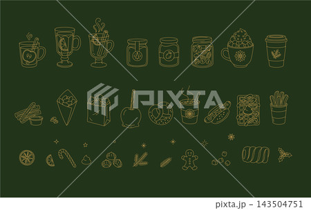Christmas market street food festival icons set elements outline doodle collection Christmas market street food festival icons set elements outline doodle collection 143504751