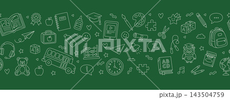 Primary school back to school seamless border chalkboard green background line art 143504759